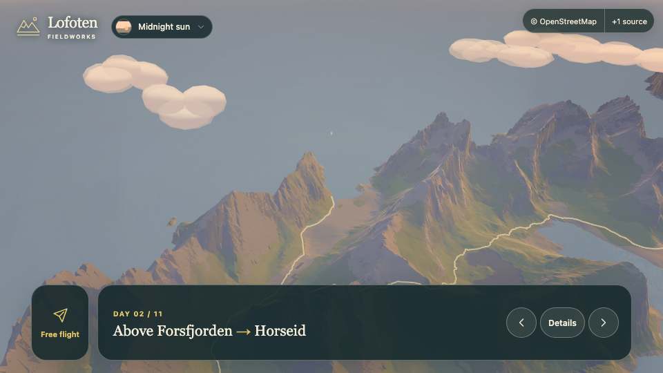 3D landscape view for Day 2, Above Forsfjorden to Horseid