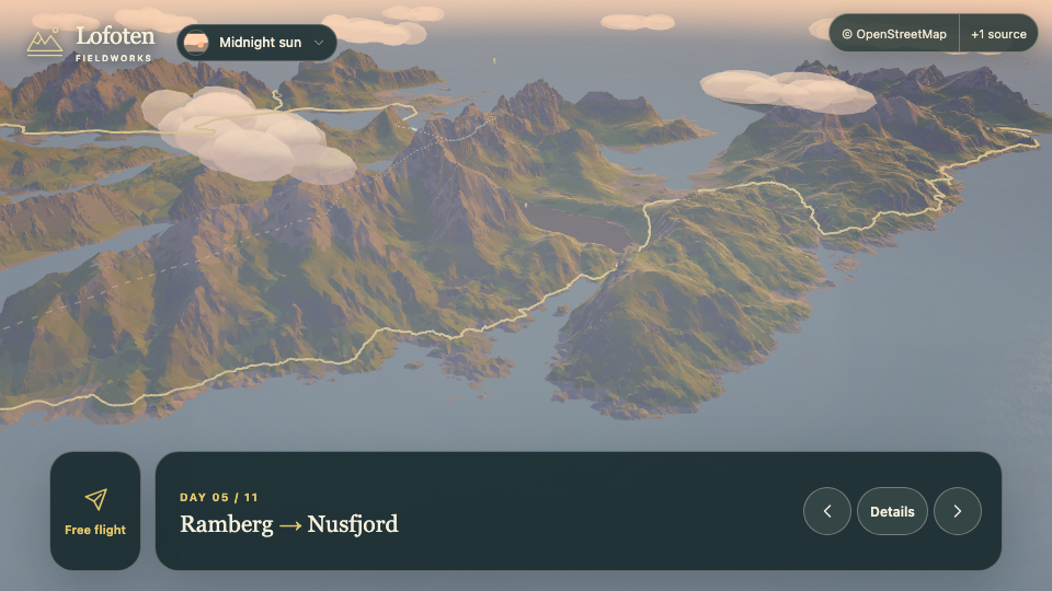 3D landscape view for Day 5, Ramberg to Nusfjord
