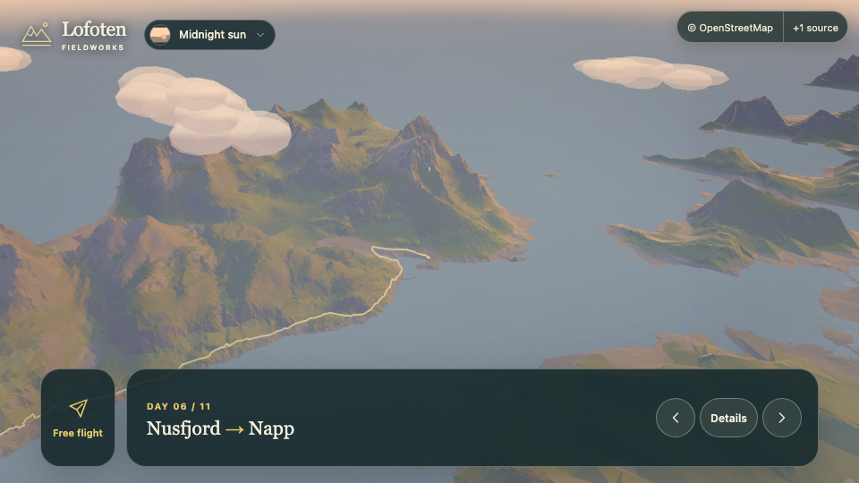 3D landscape view for Day 6, Nusfjord to Napp