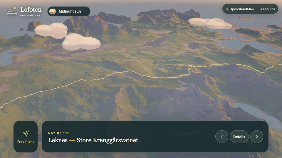 3D landscape view for Day 7, Leknes to Store Krenggårsvatnet