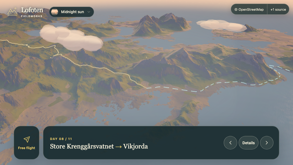 3D landscape view for Day 8, Store Krenggårsvatnet to Vikjorda