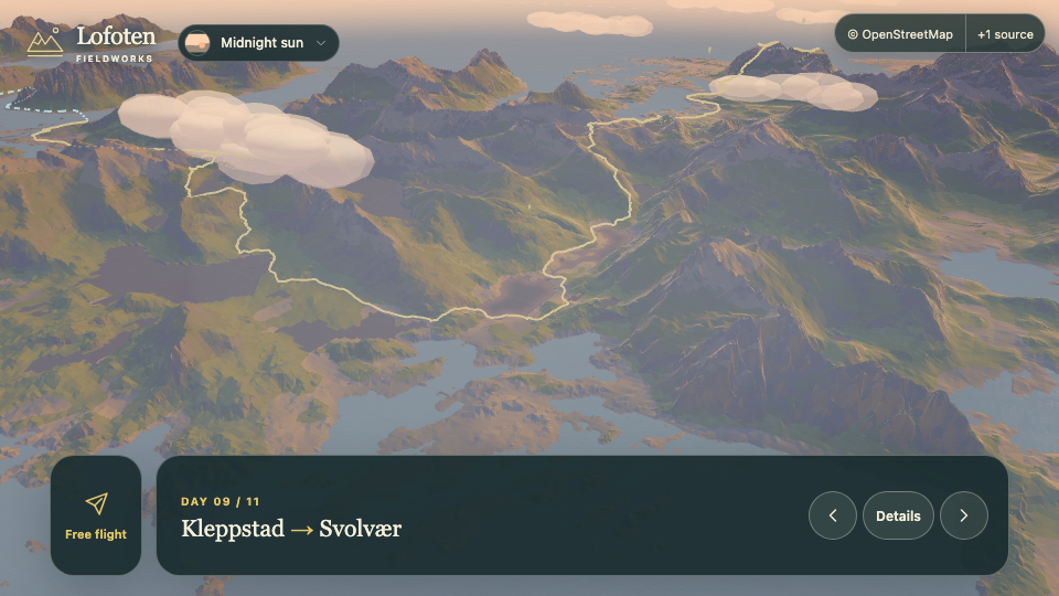3D landscape view for Day 9, Kleppstad to Svolvær