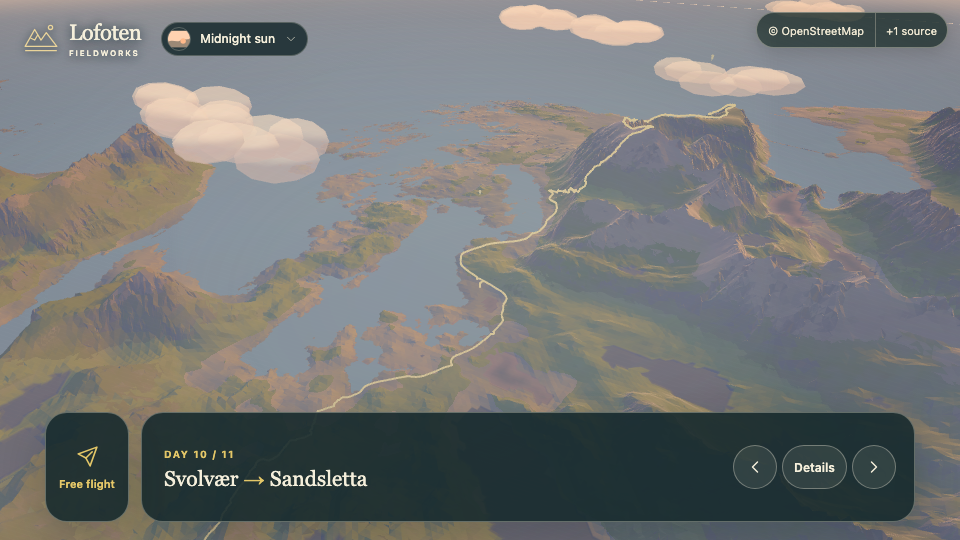 3D landscape view for Day 10, Svolvær to Sandsletta