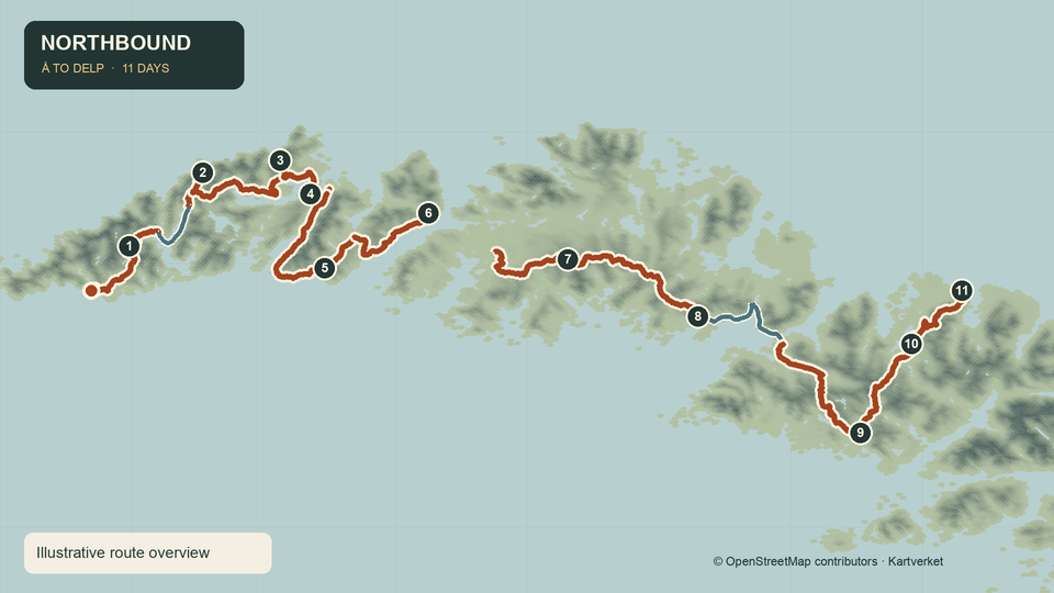 Illustrated full northbound Lofoten Crossing route from Å to Delp, with eleven numbered day stops